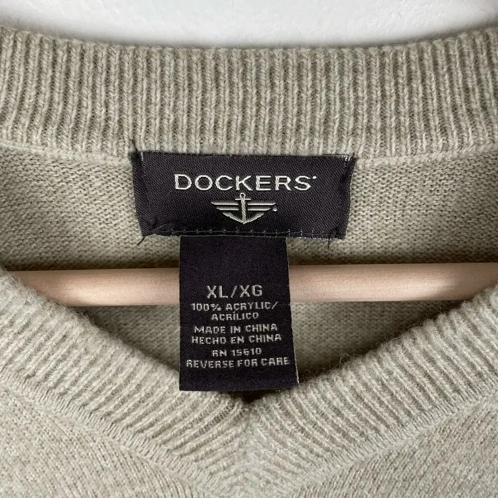 y2k Dockers Mens Cream Diamond Plaid Grandpa Sweater V Neck - Size XL